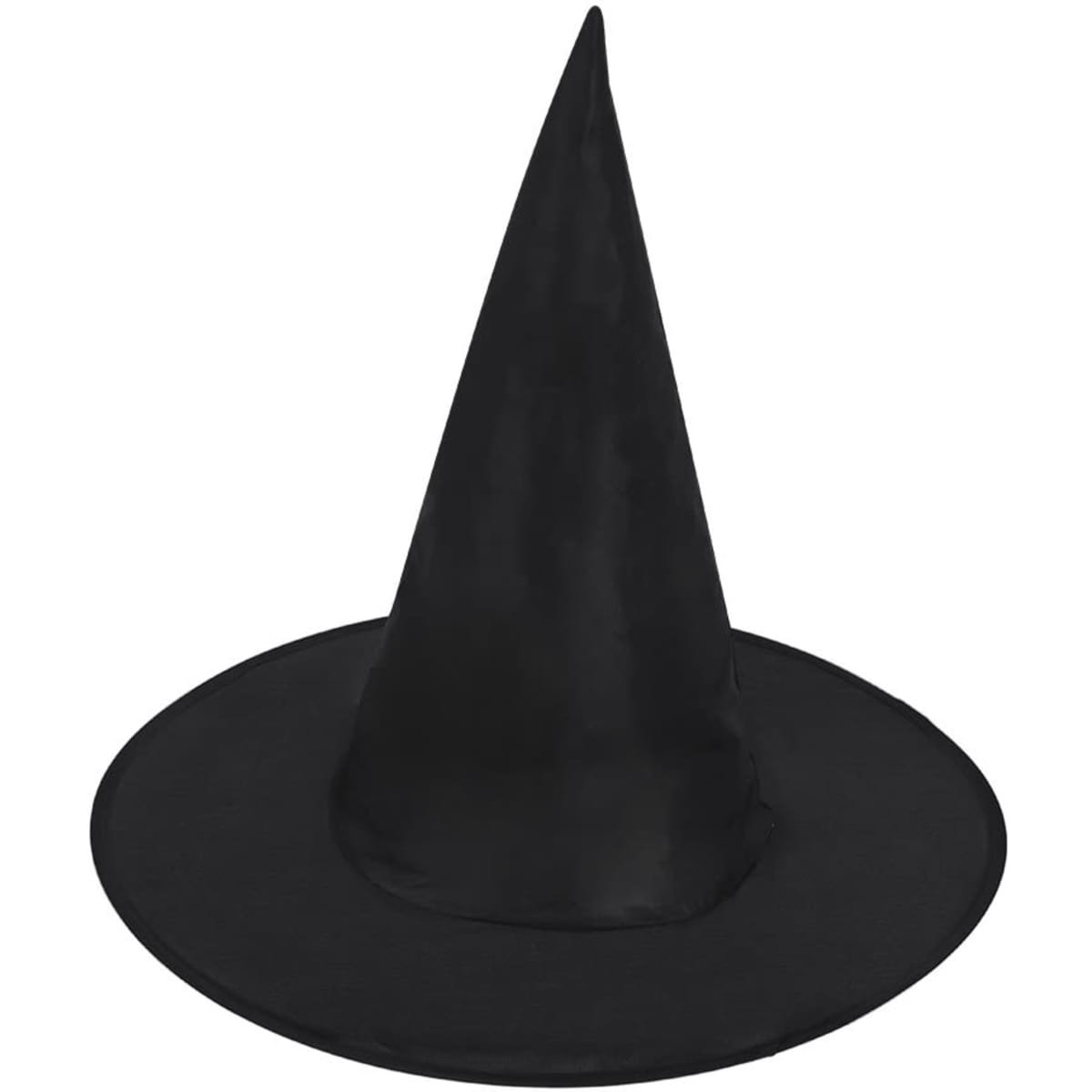 A black pointed hat with a wide brim, featuring a simple design and a branding logo.