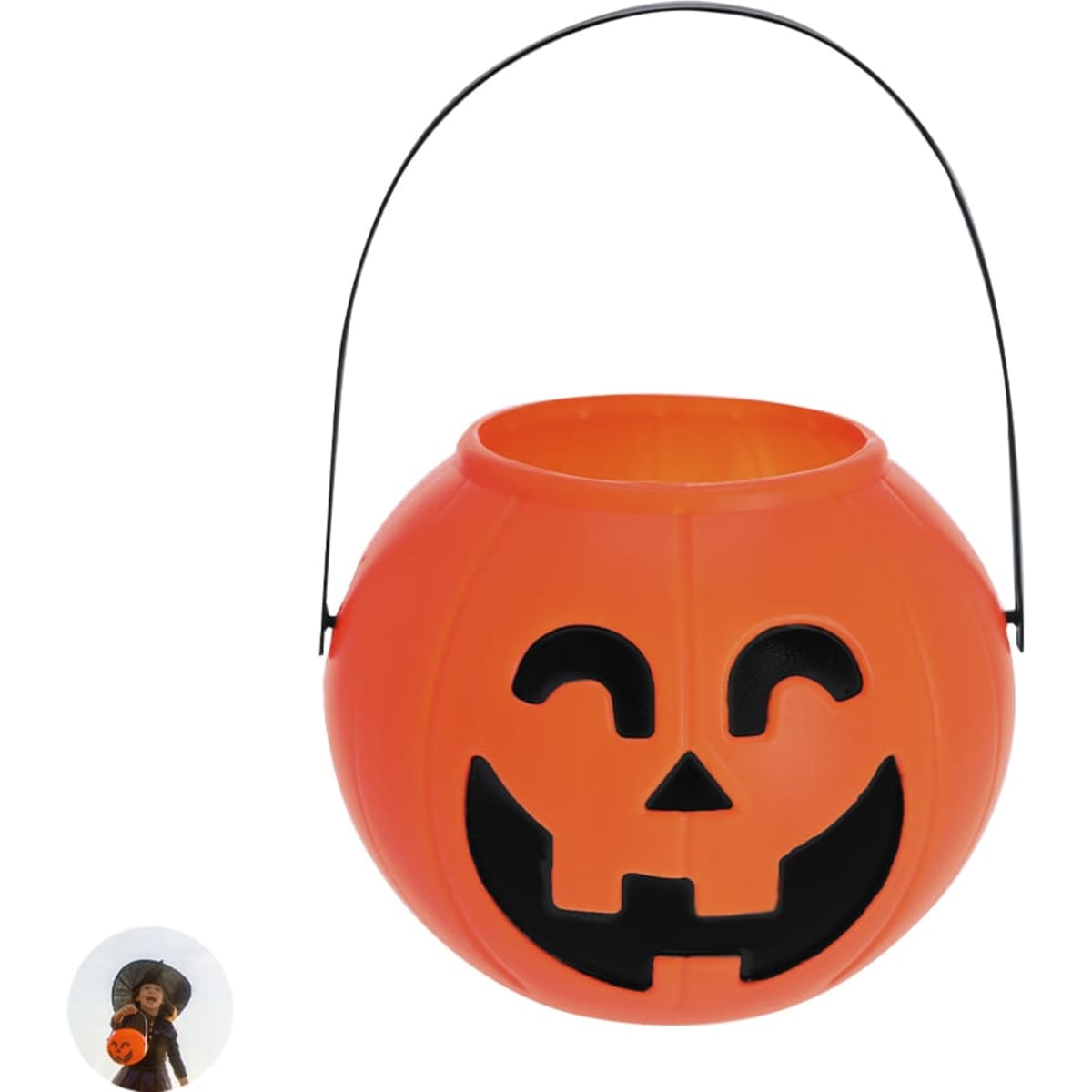 An orange pumpkin-shaped treat bucket with a grinning face and a black handle. Ideal for Halloween.