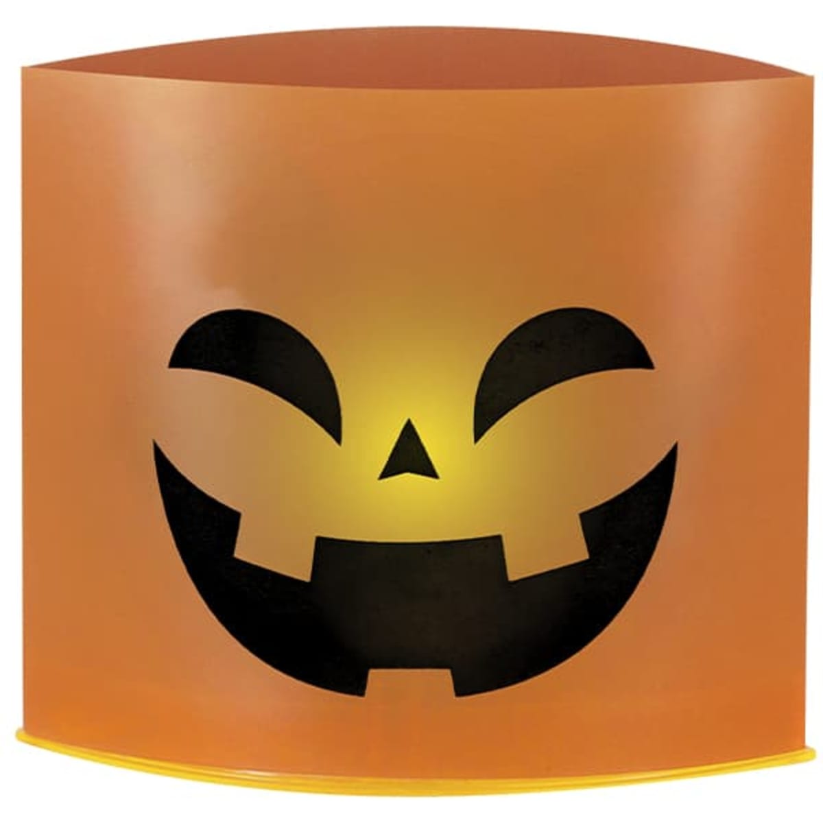 An orange candle holder featuring a smiling jack-o'-lantern design, with a black cut-out face.