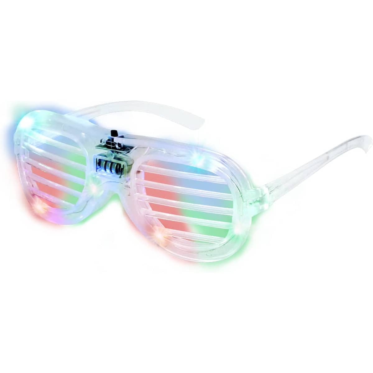 Light-up novelty sunglasses with transparent frames and multi-coloured LED lights. Perfect for fun events and parties.