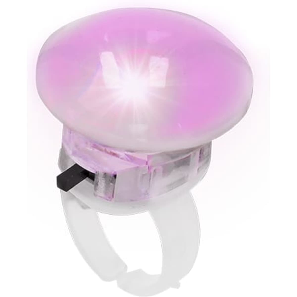 A novelty ring featuring a large pink dome with a shiny surface. The ring base is transparent.