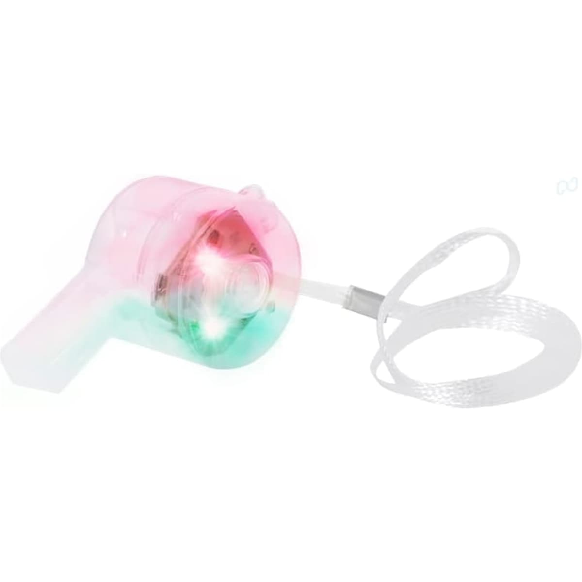 A novelty light-up toy in pink and green colours with a transparent casing and a hanging strap.