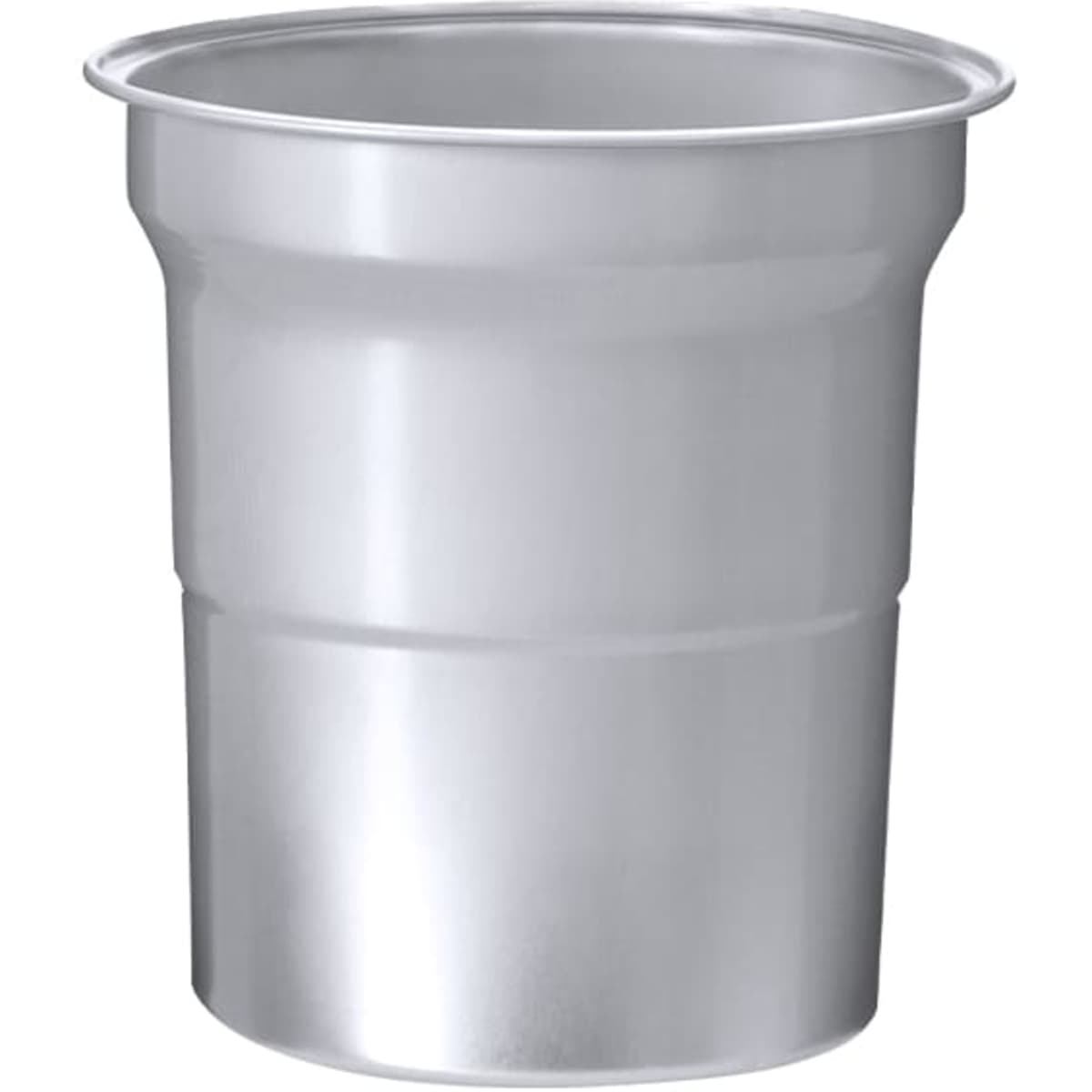 A drink bottle in a sleek silver finish, featuring a simple design and a logo on the surface.