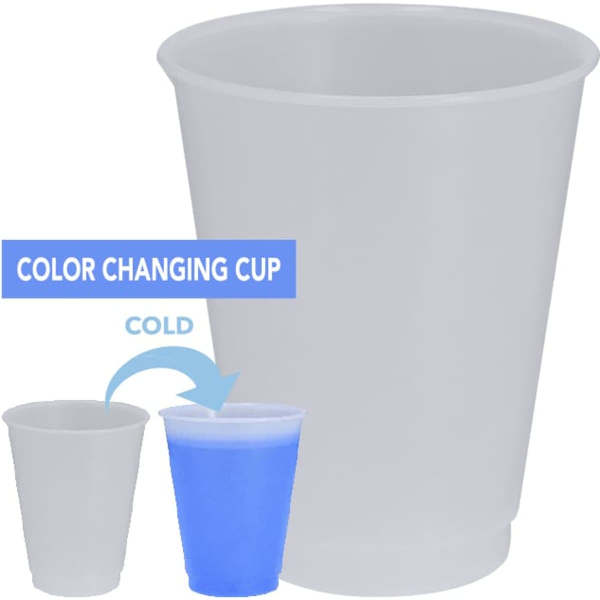A translucent drink cup that changes colour when cold, featuring a simple design and a branded logo.