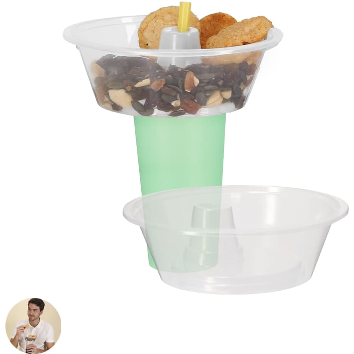 A snack and drink holder in mint green, featuring a removable top bowl for snacks and a central straw for drinks.