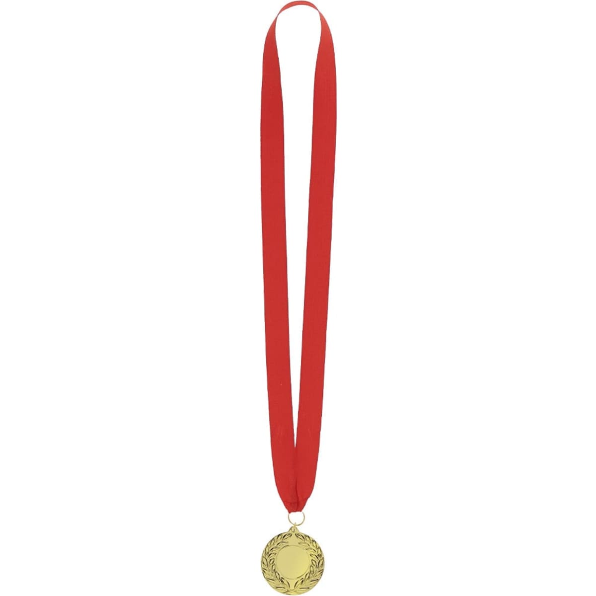 A gold medal with a red ribbon, featuring a decorative edge and a logo on the front.