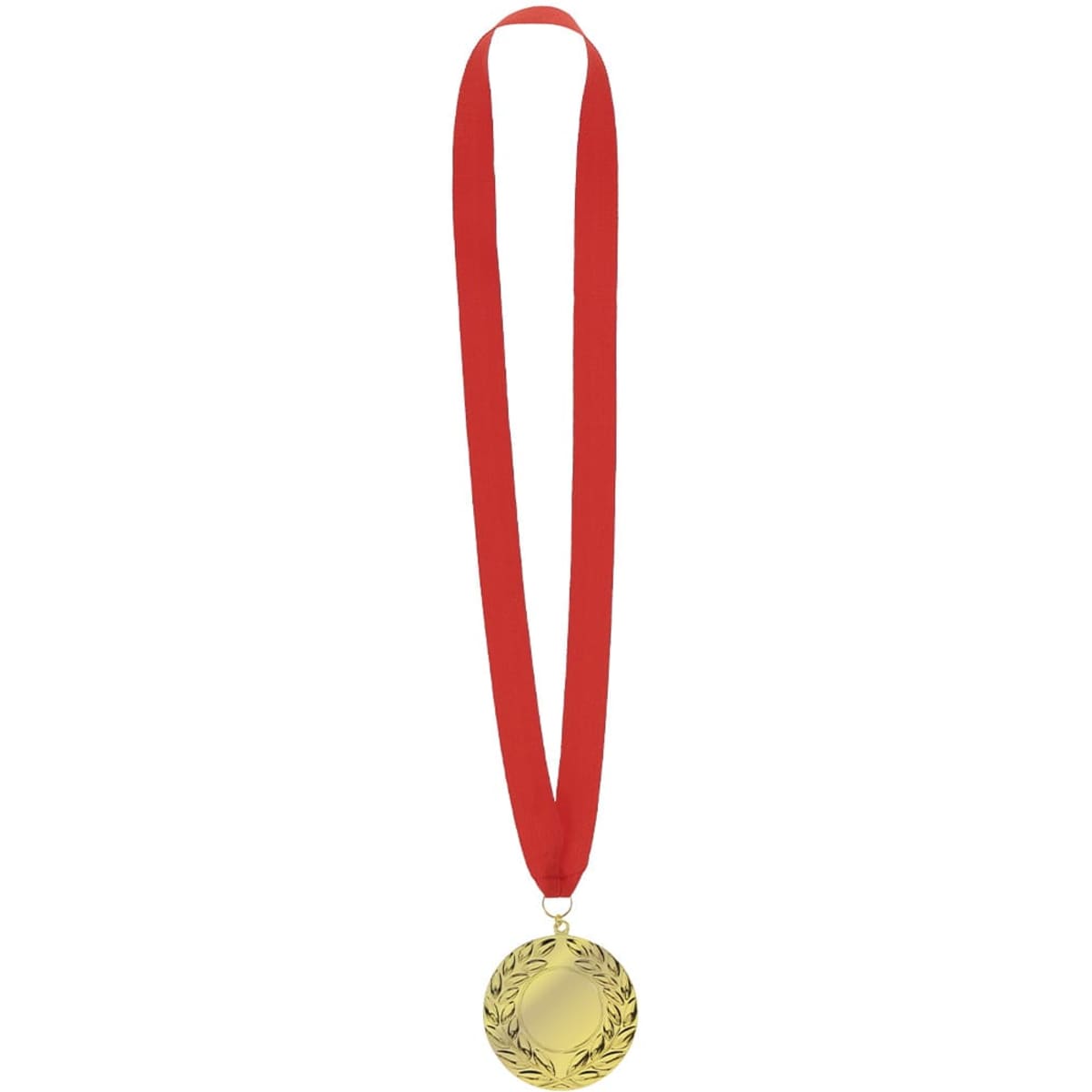 A gold medal with a laurel wreath design, suspended from a red ribbon.