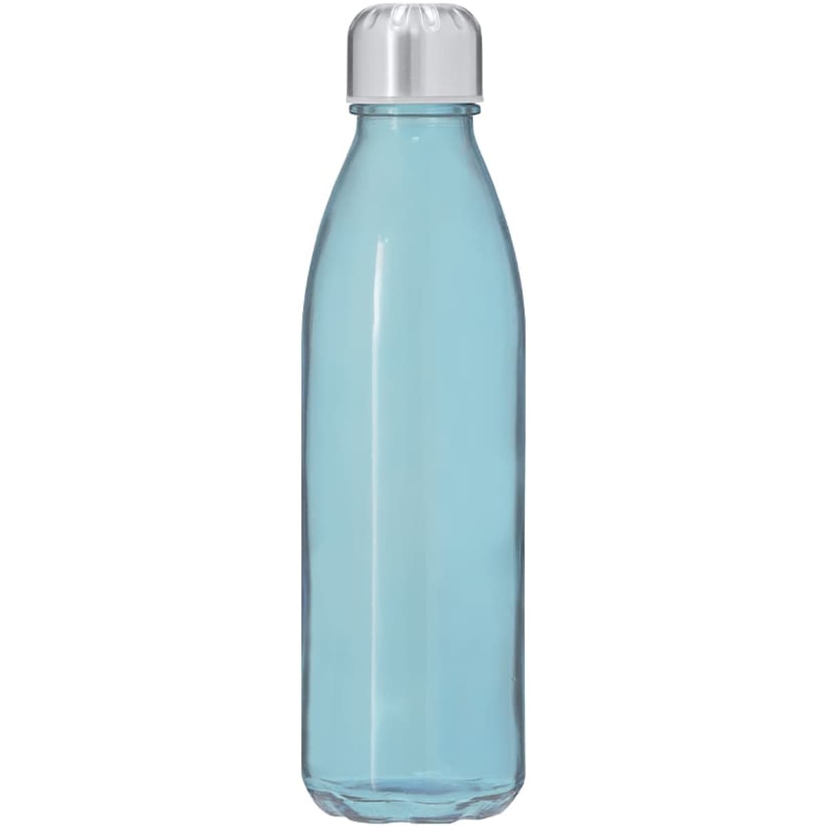 A drink bottle in a transparent blue colour with a silver cap and a simple design. It has a logo on its surface.