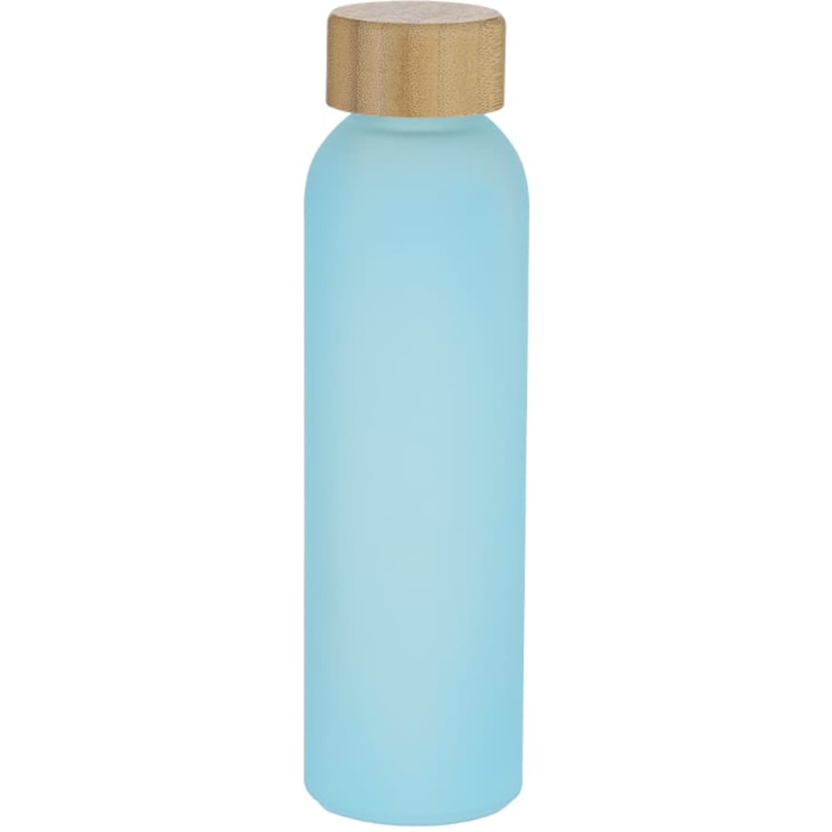 A drink bottle in a frosted blue finish with a wooden lid, featuring a logo.