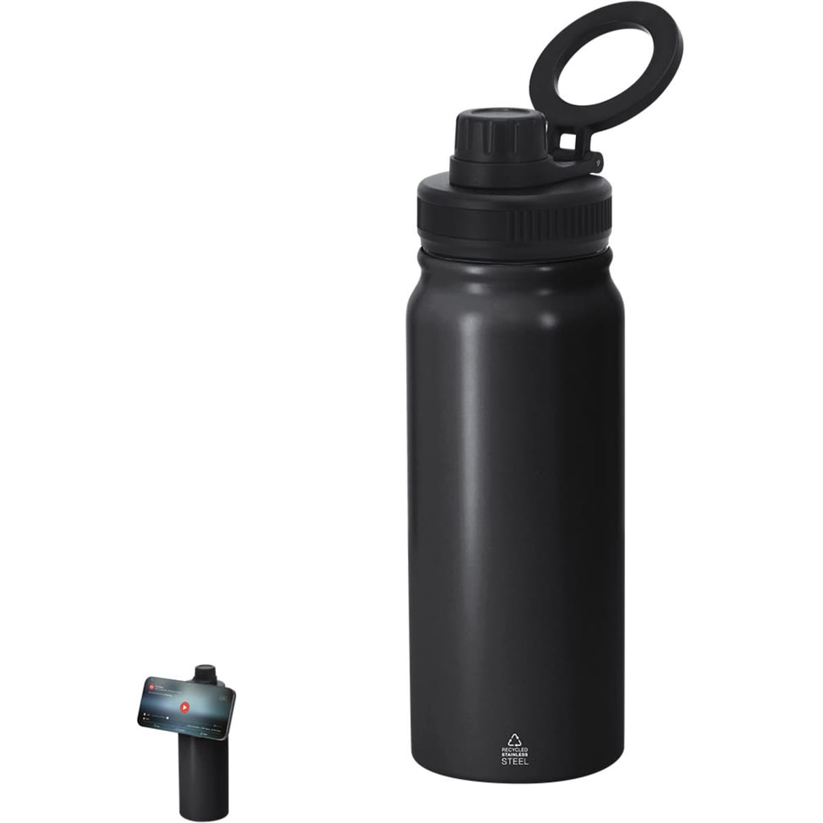 A drink bottle in matte black with a threaded cap and an attached loop for easy carrying. It features a logo.