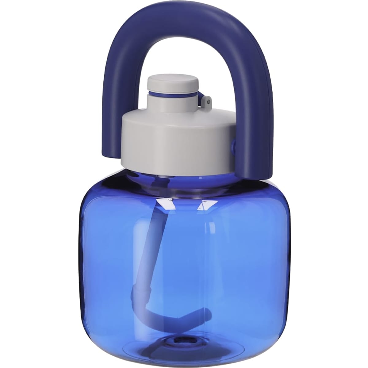 A drink bottle with a blue transparent body and a white lid, featuring a blue handle and a logo.
