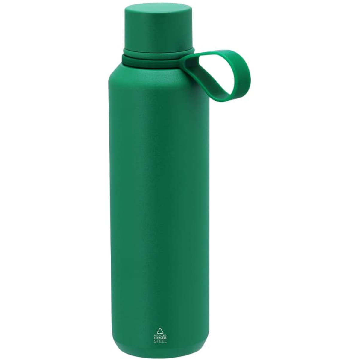 A green insulated drink bottle with a screw-on lid and a carrying loop. It has a smooth matte finish and a logo present.