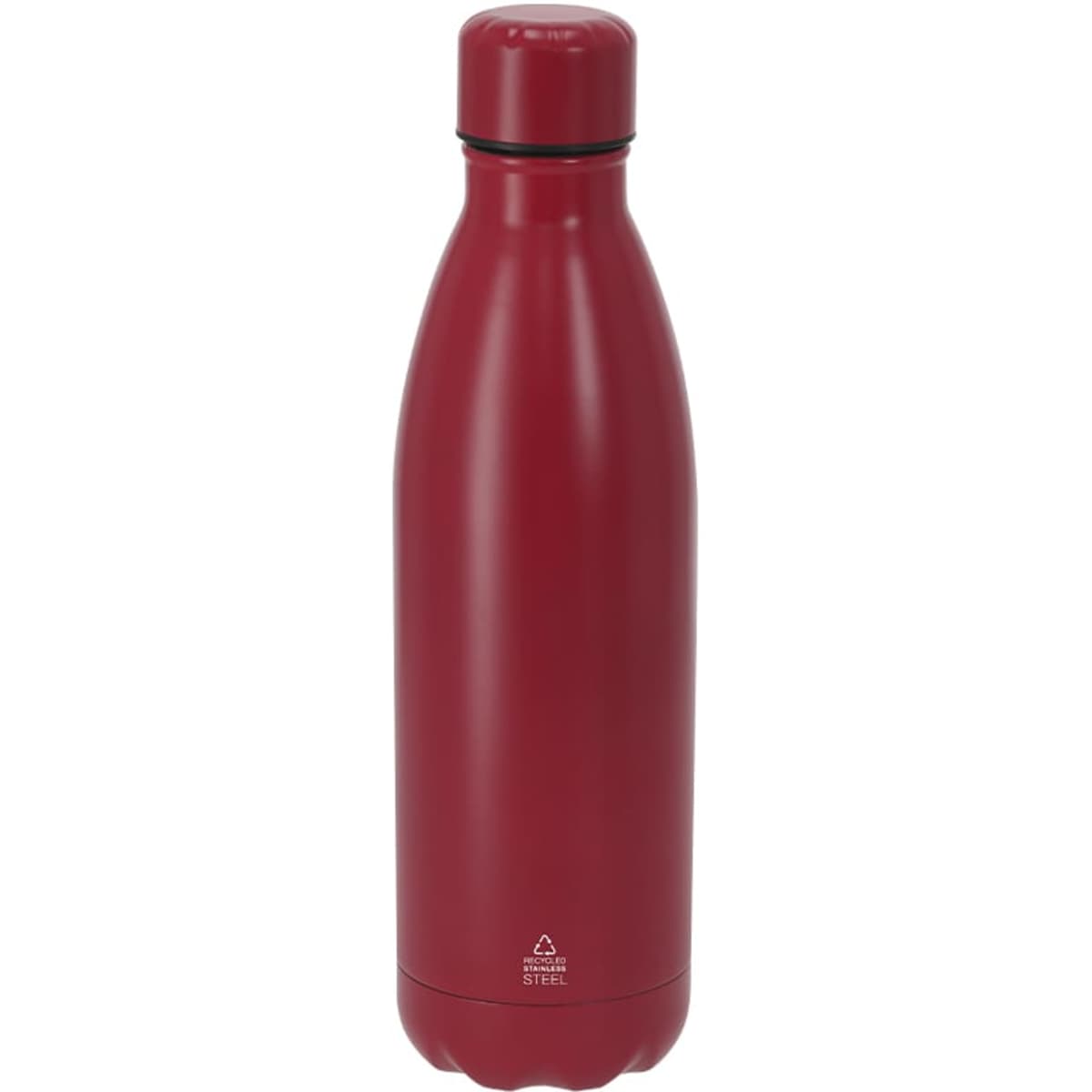 A drink bottle in a sleek, red finish with a simple design and a logo on the body.