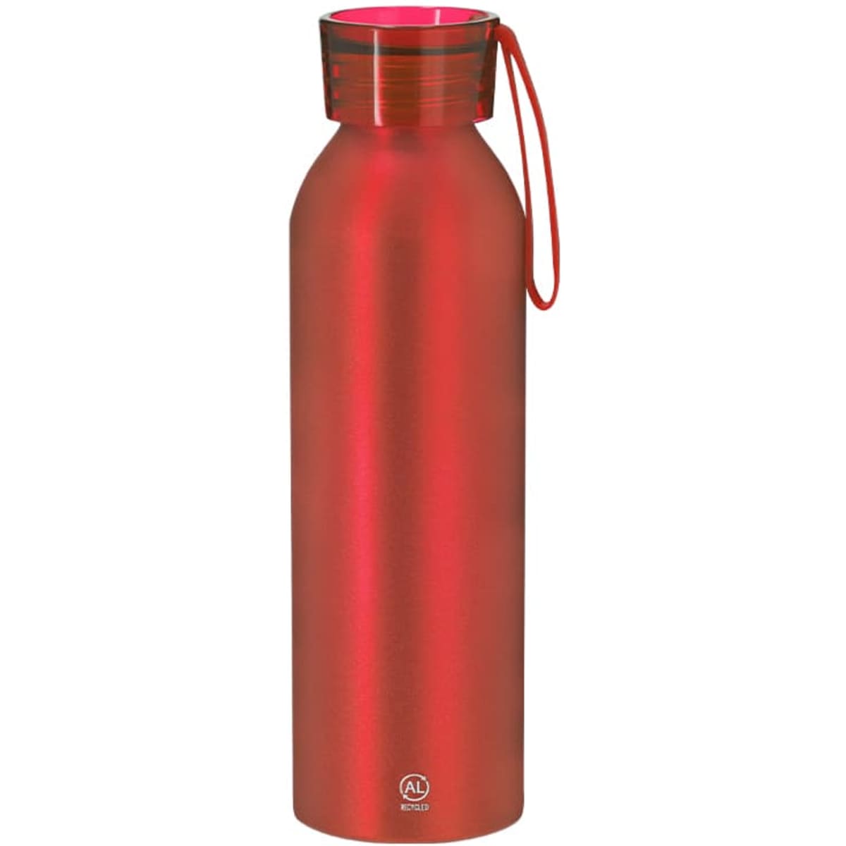 A drink bottle in a vibrant red finish with a silver top and a convenient carry strap.
