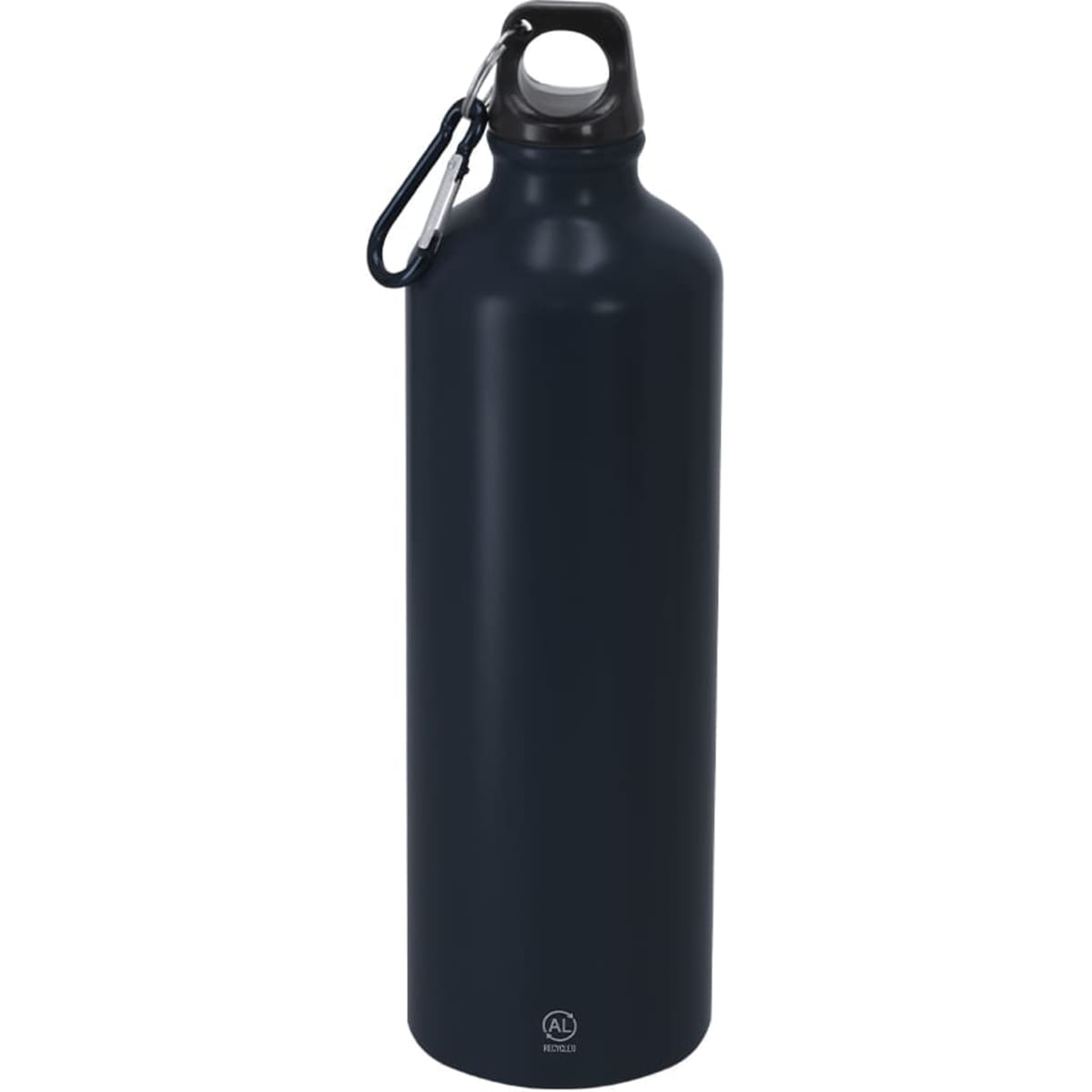 A drink bottle in navy blue with a carabiner and a plain design. It features a logo near the base.