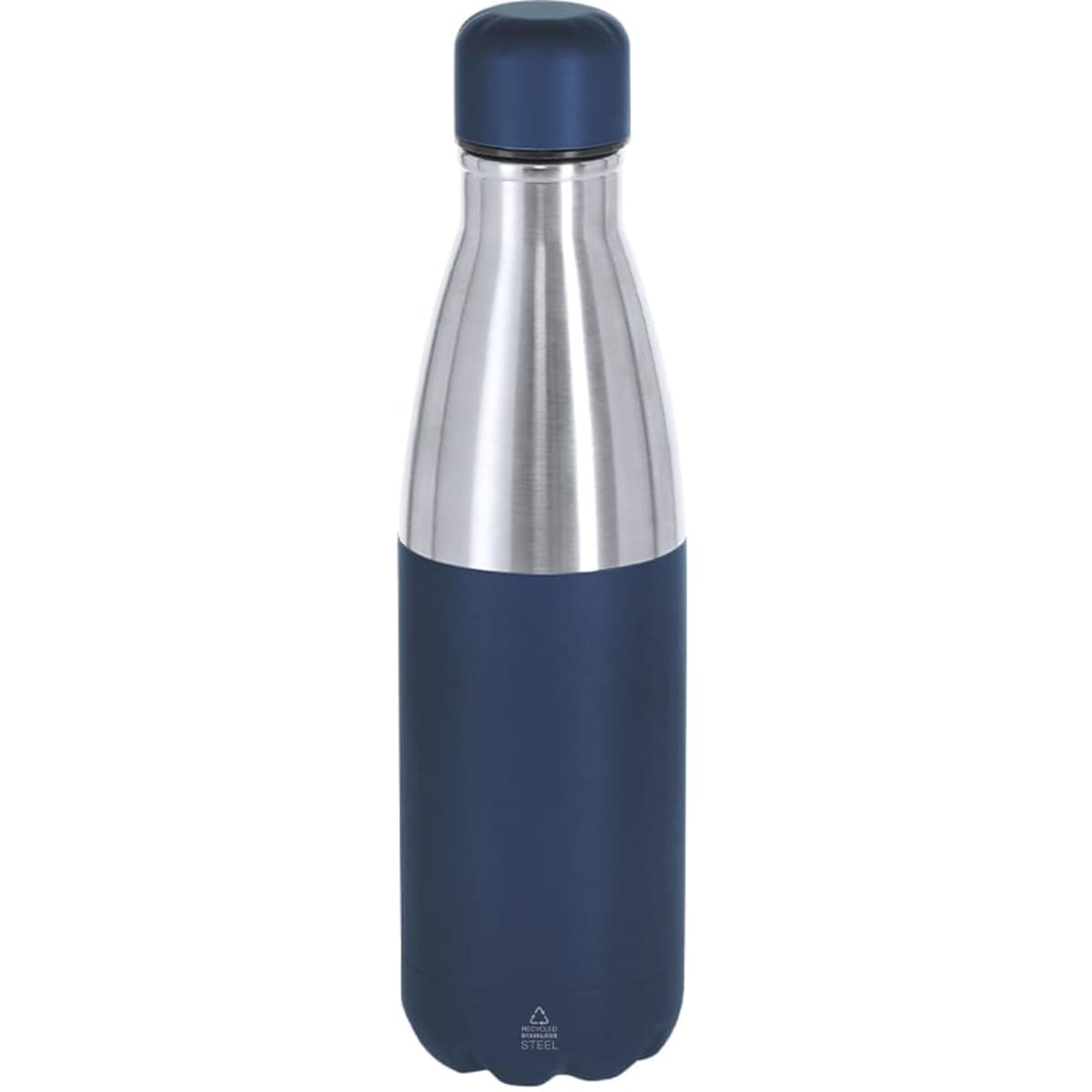 A drink bottle featuring a stainless steel body with a navy blue insulated finish and a matching cap.