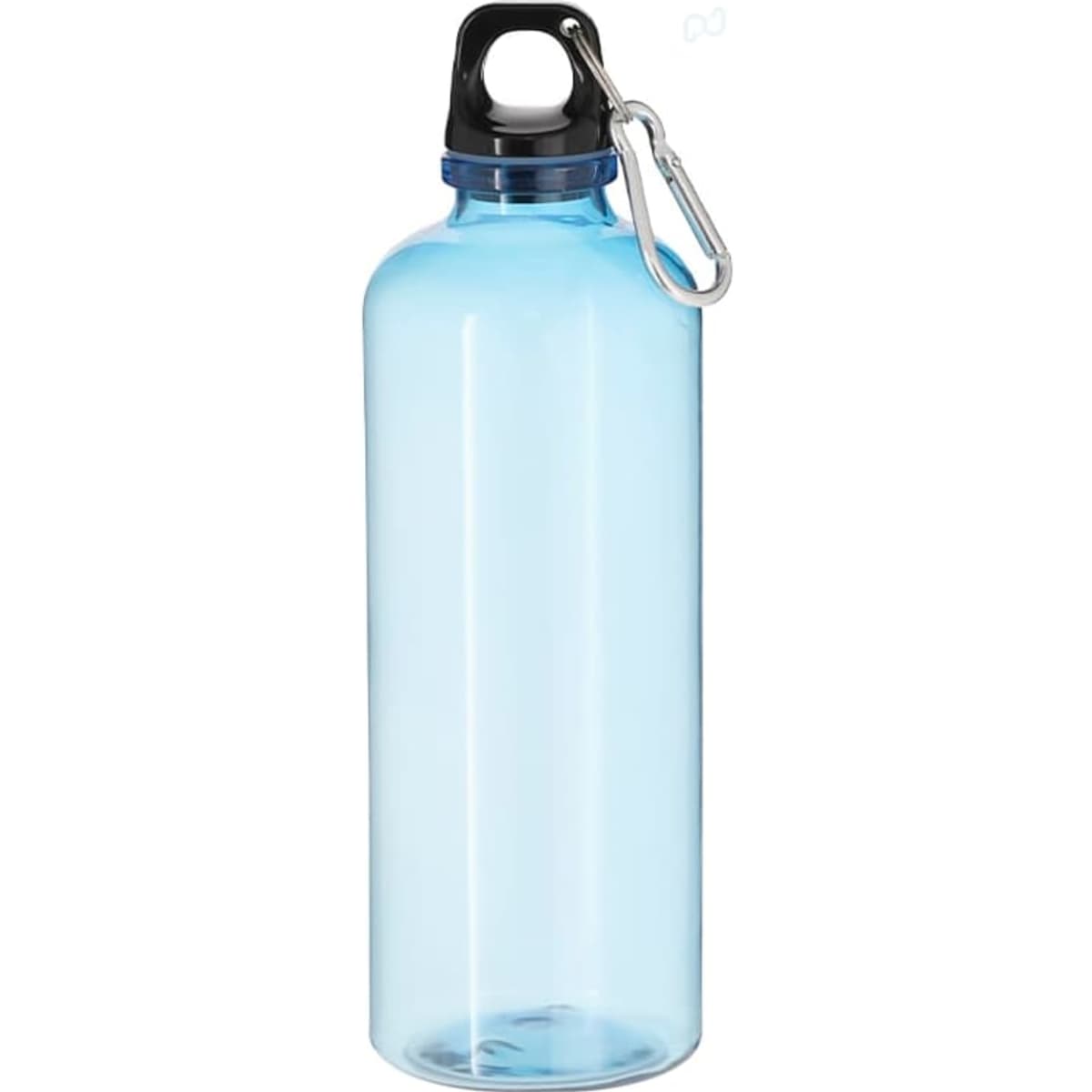 A drink bottle in light blue with a black cap and a carabiner for easy attachment. Features a logo on the body.