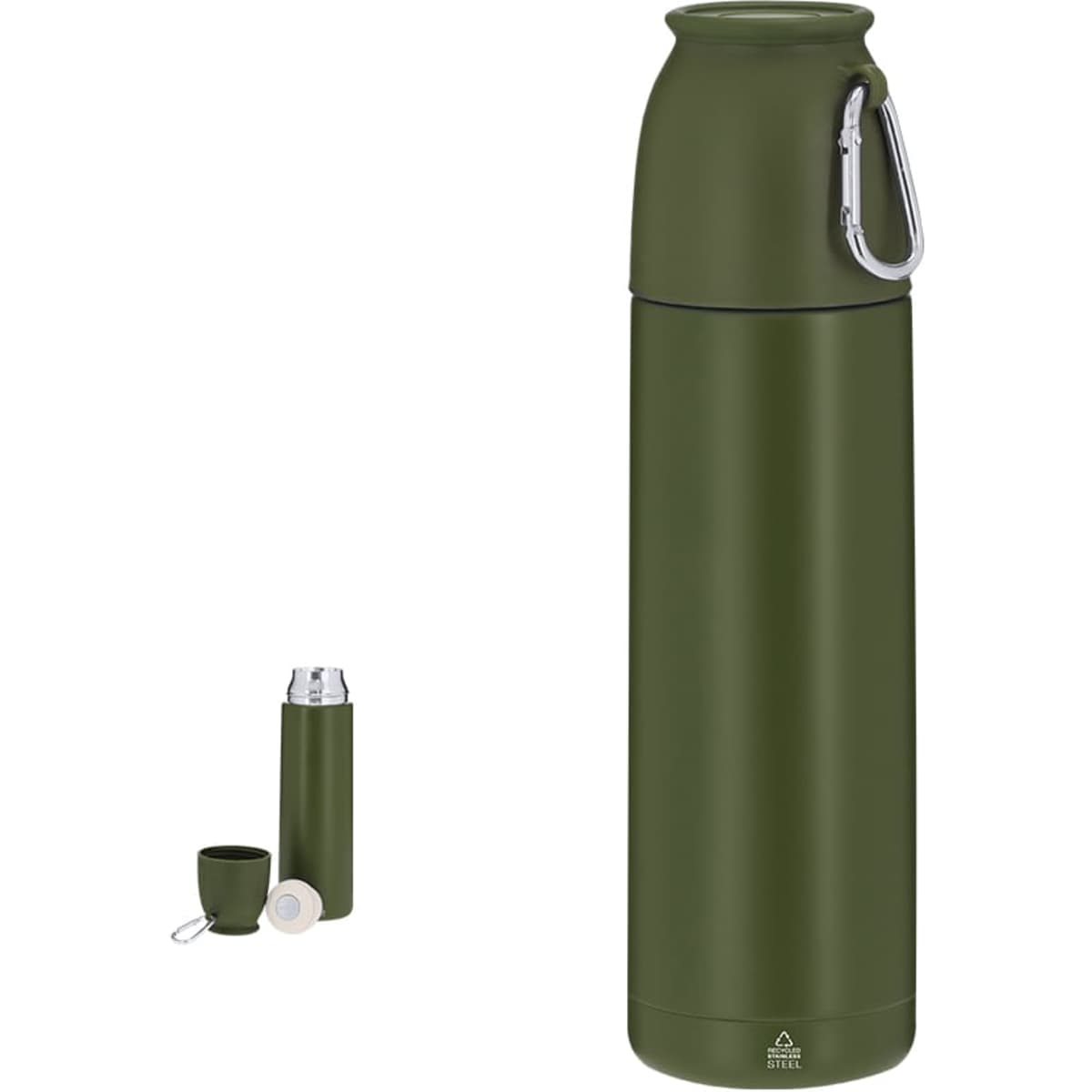 A drink bottle in olive green, featuring a carabiner and a detachable cup, with a simple logo.