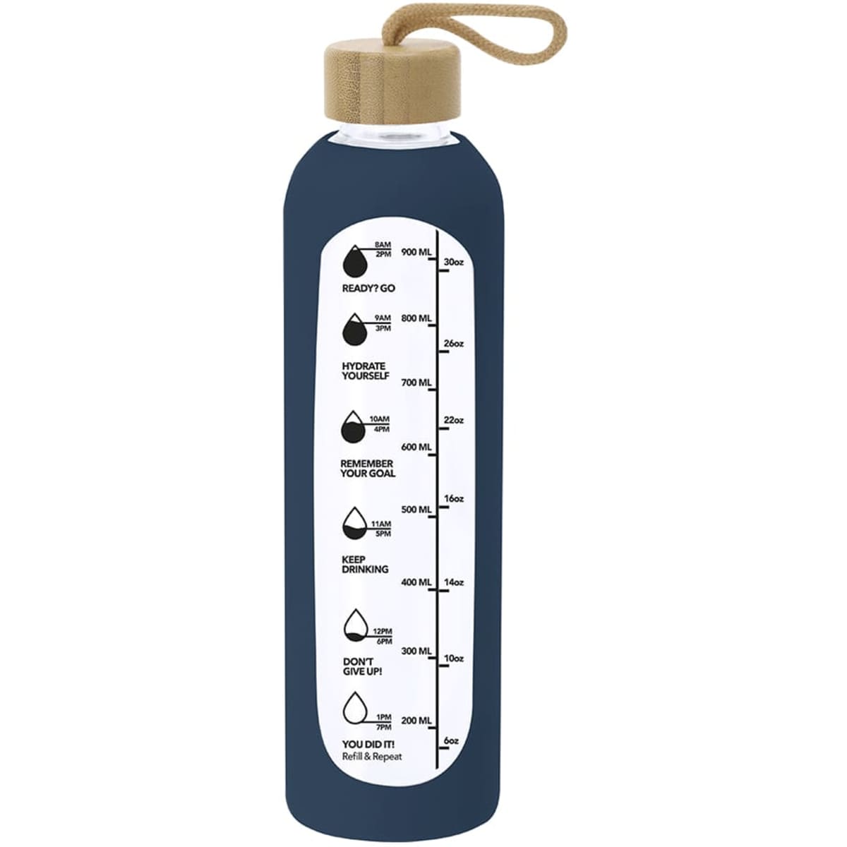 A drink bottle in dark blue with a wooden lid and measurement markings, featuring a logo.