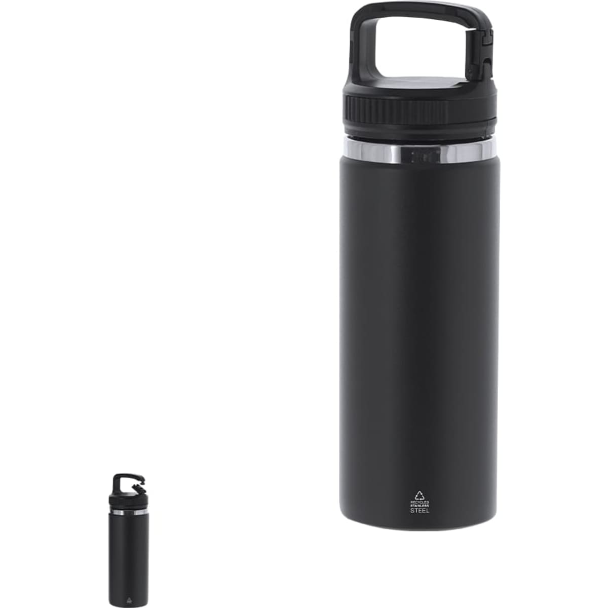 A drink bottle in black with a sturdy handle and a metallic inner finish, featuring a logo on the body.