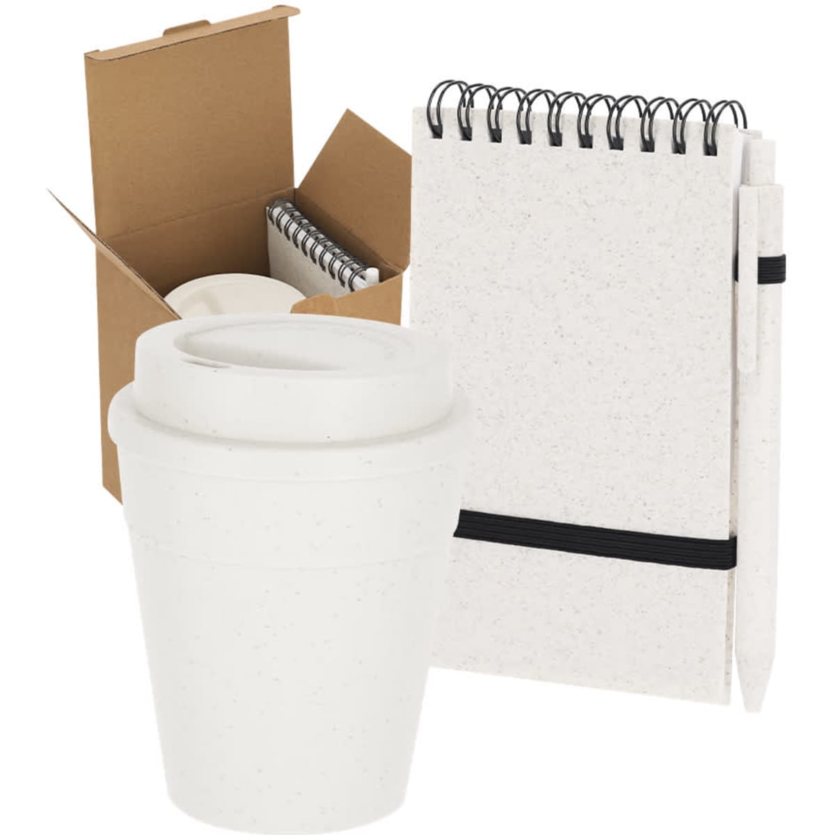 A white reusable drink cup, a notepad with a spiral binding, and a pen, all packaged in a simple cardboard box.