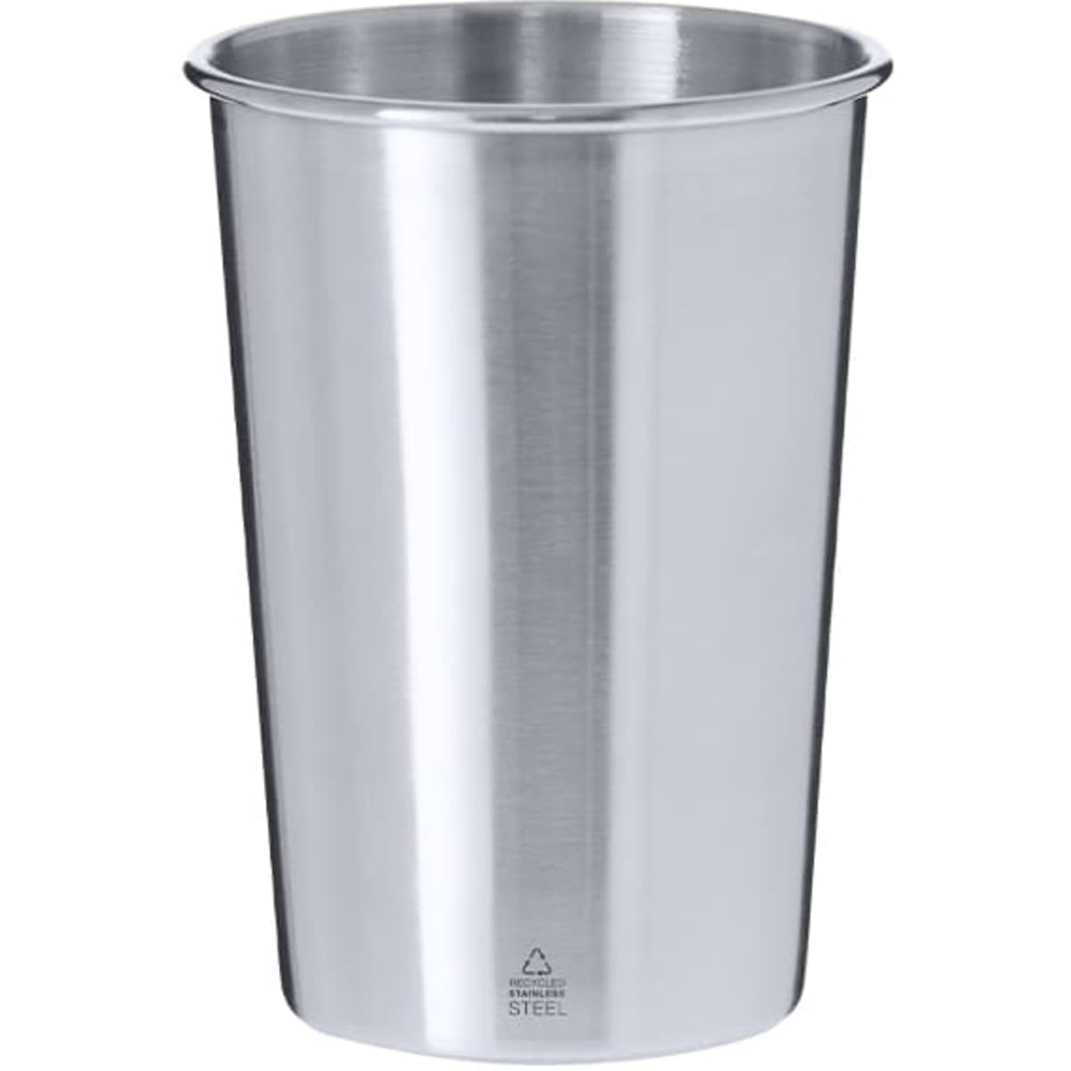 A reusable coffee cup made of stainless steel with a sleek, silver finish. It features a simple design and a logo.
