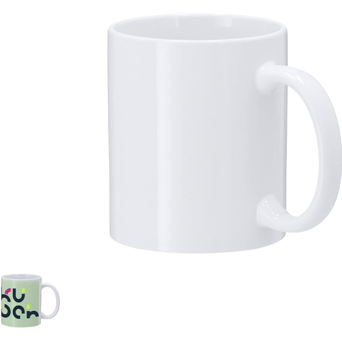 A white coffee mug with a handle, featuring a smaller design on the left with colourful graphics.