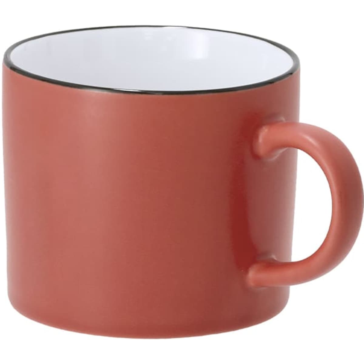 A coffee mug in coral red with a contrasting black rim and a sturdy handle. It features a logo.