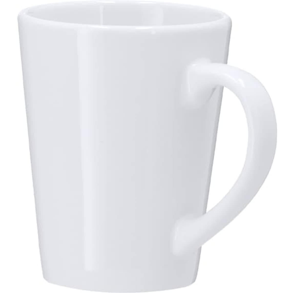 A white coffee mug with a sleek, modern design and a curved handle. It features a logo on the surface.