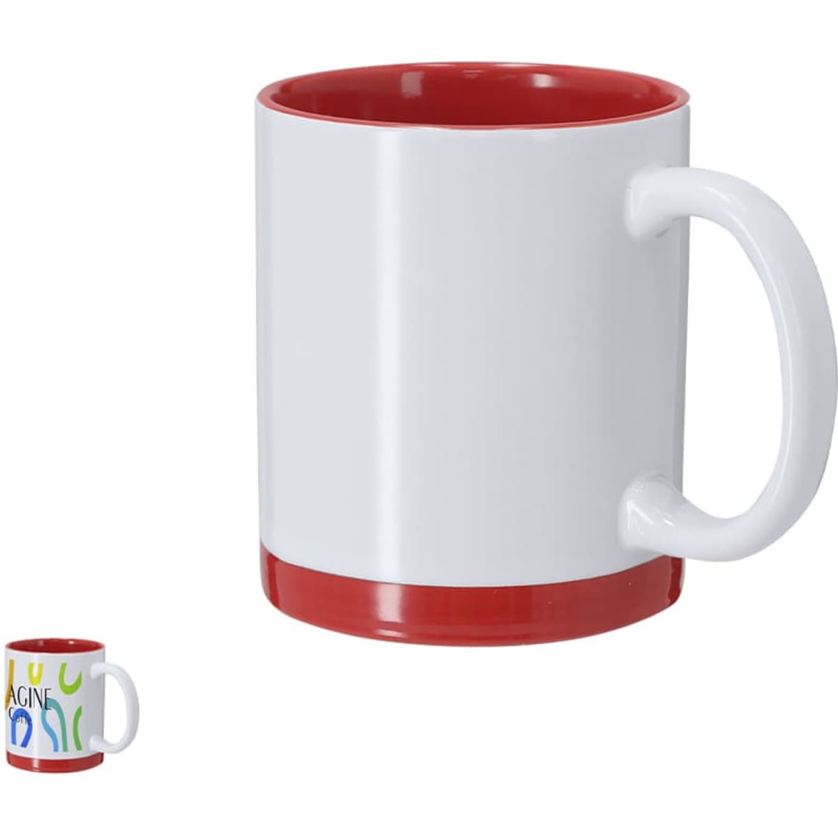 A coffee mug with a white exterior and red interior and bottom. It features a logo.