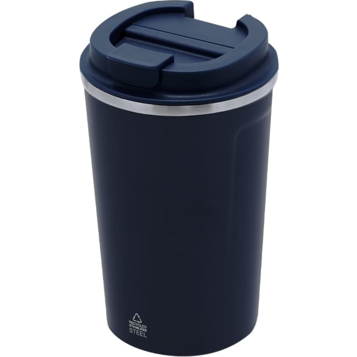 A drink bottle that is navy blue with a secure lid and a stainless steel finish. It features a logo on the side.