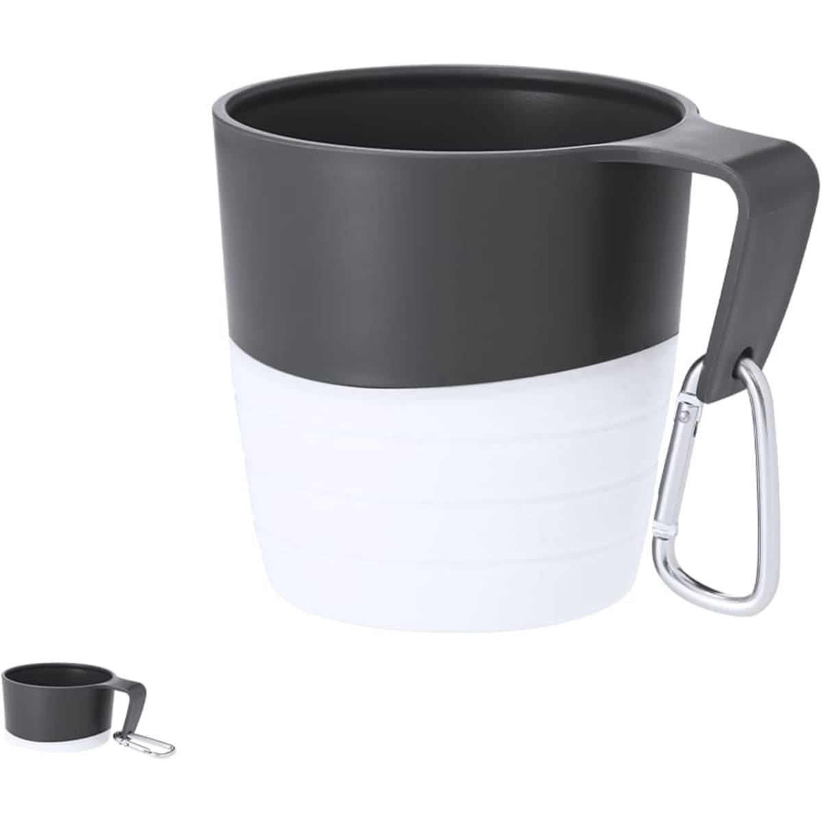 A drink bottle featuring a foldable design, predominantly black with a white lower section and a carabiner handle.