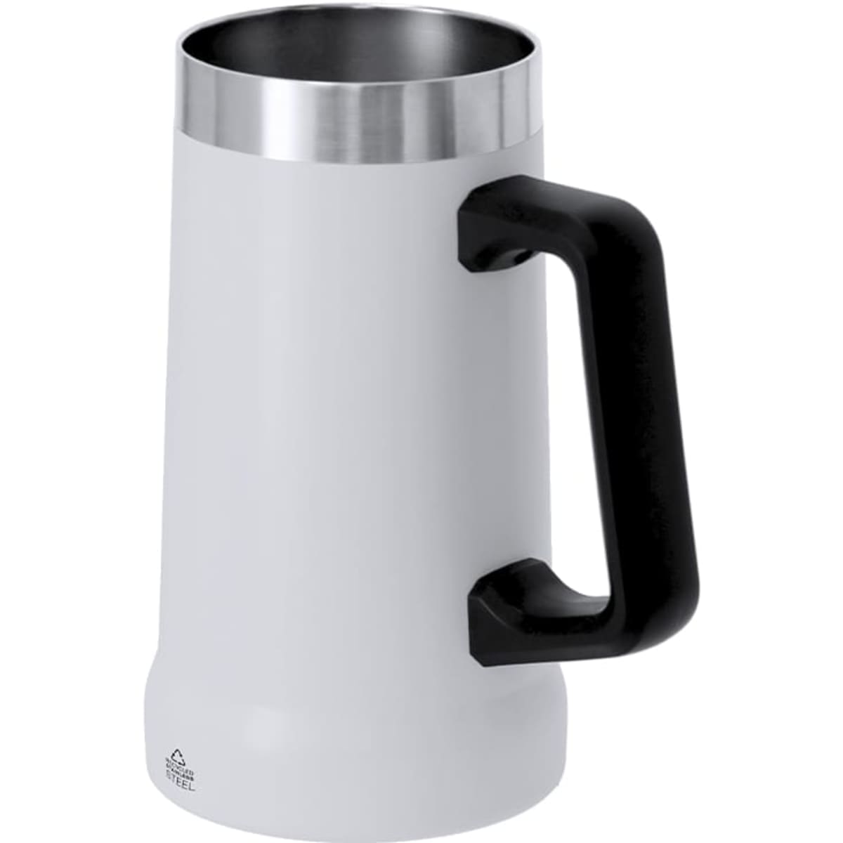 A drink bottle in white with a stainless steel interior and a black handle. It features a logo on the base.