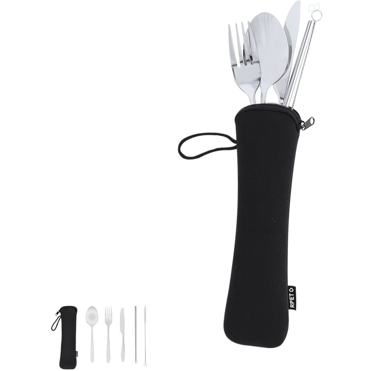 A cutlery set in a black carrying case, featuring stainless steel utensils including forks, spoons, and straws.