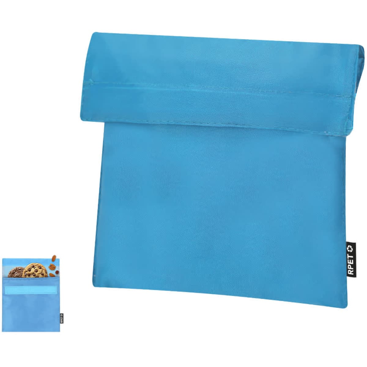 A blue lunch bag with a fold-over top and a small pocket, featuring a logo on the side.