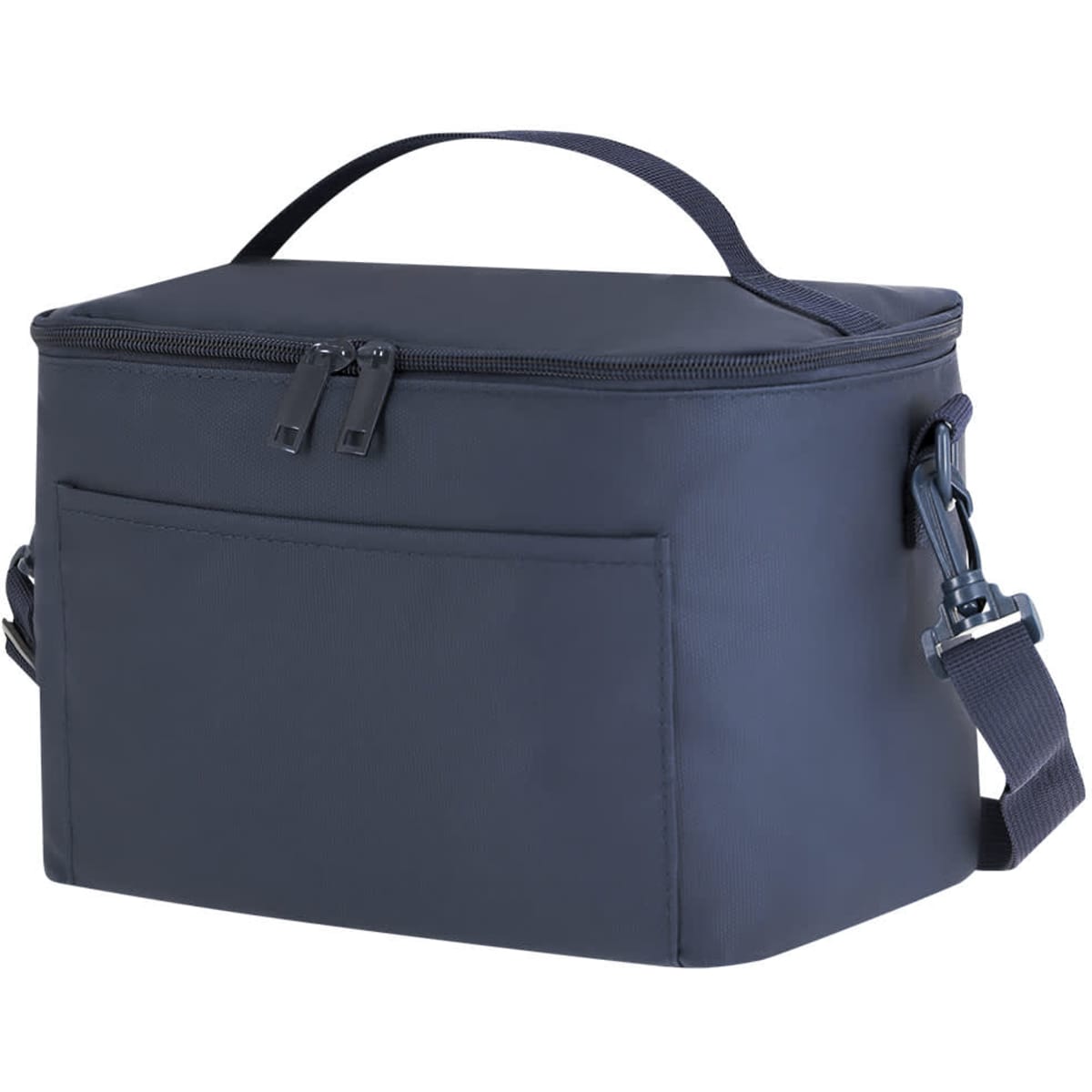 A navy blue cooler bag with a zippered top, carrying handle, and an adjustable shoulder strap. Features a front pocket and branding.