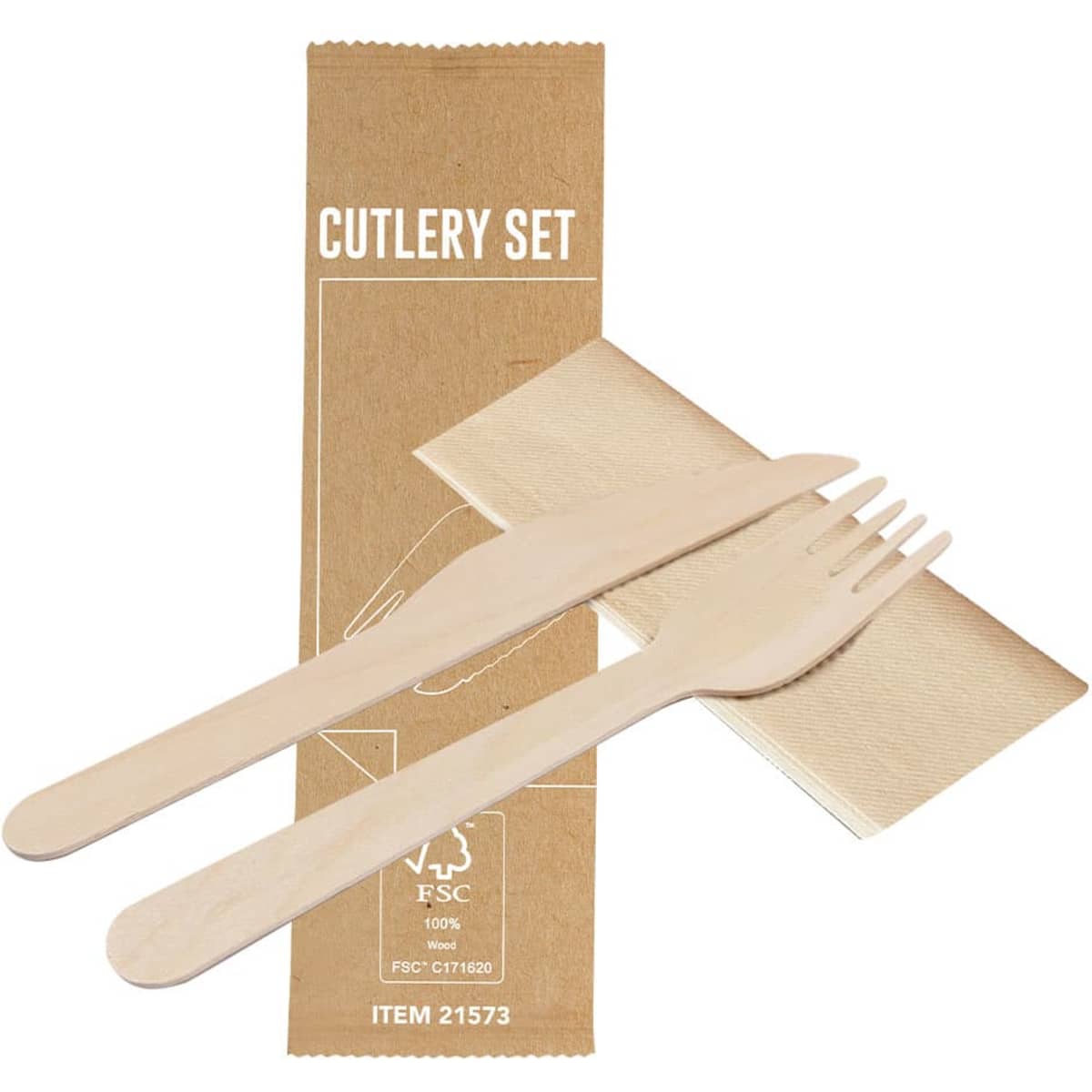 A wooden cutlery set including a knife, fork, and spoon, packaged in eco-friendly kraft paper.