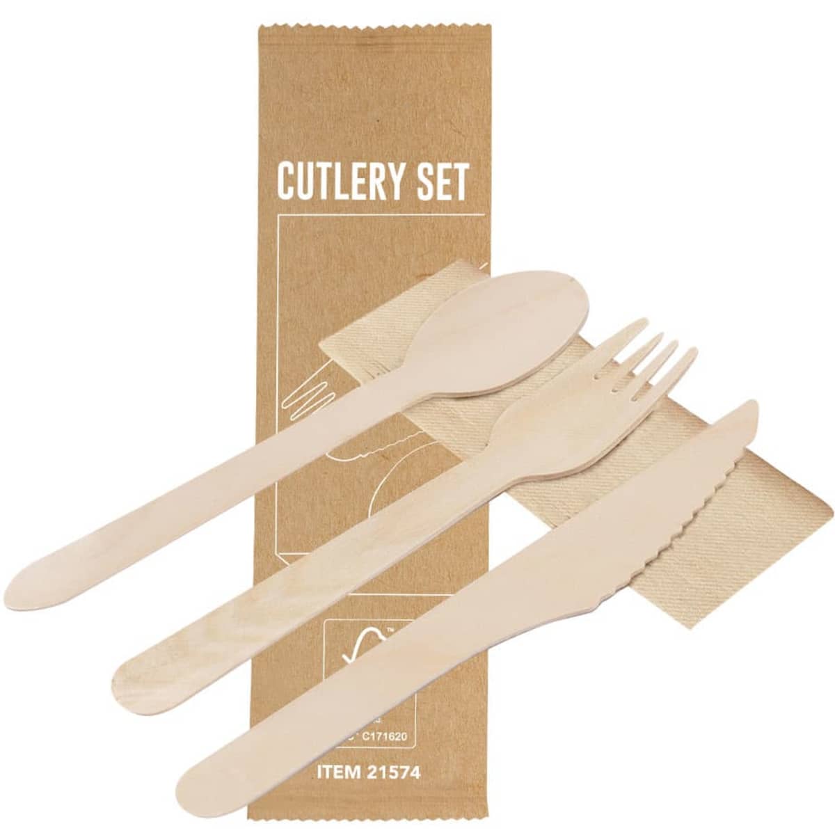 A cutlery set featuring a spoon, fork, and knife in light wooden colour, packaged with a paper sleeve.