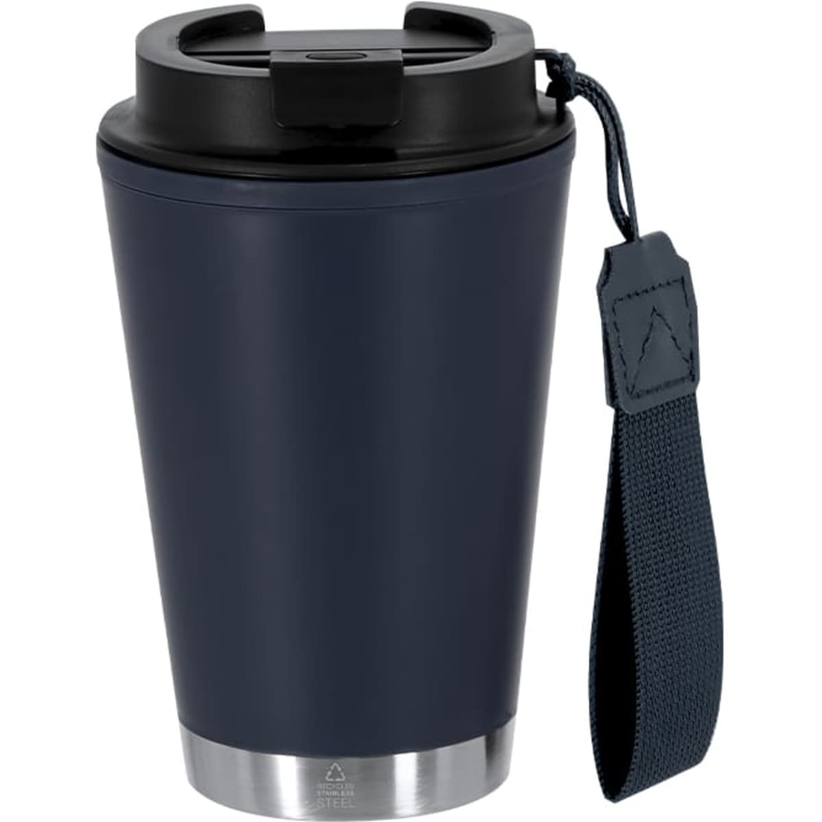 A drink bottle in navy blue with a black lid and a strap, featuring a stainless-steel base and a logo.