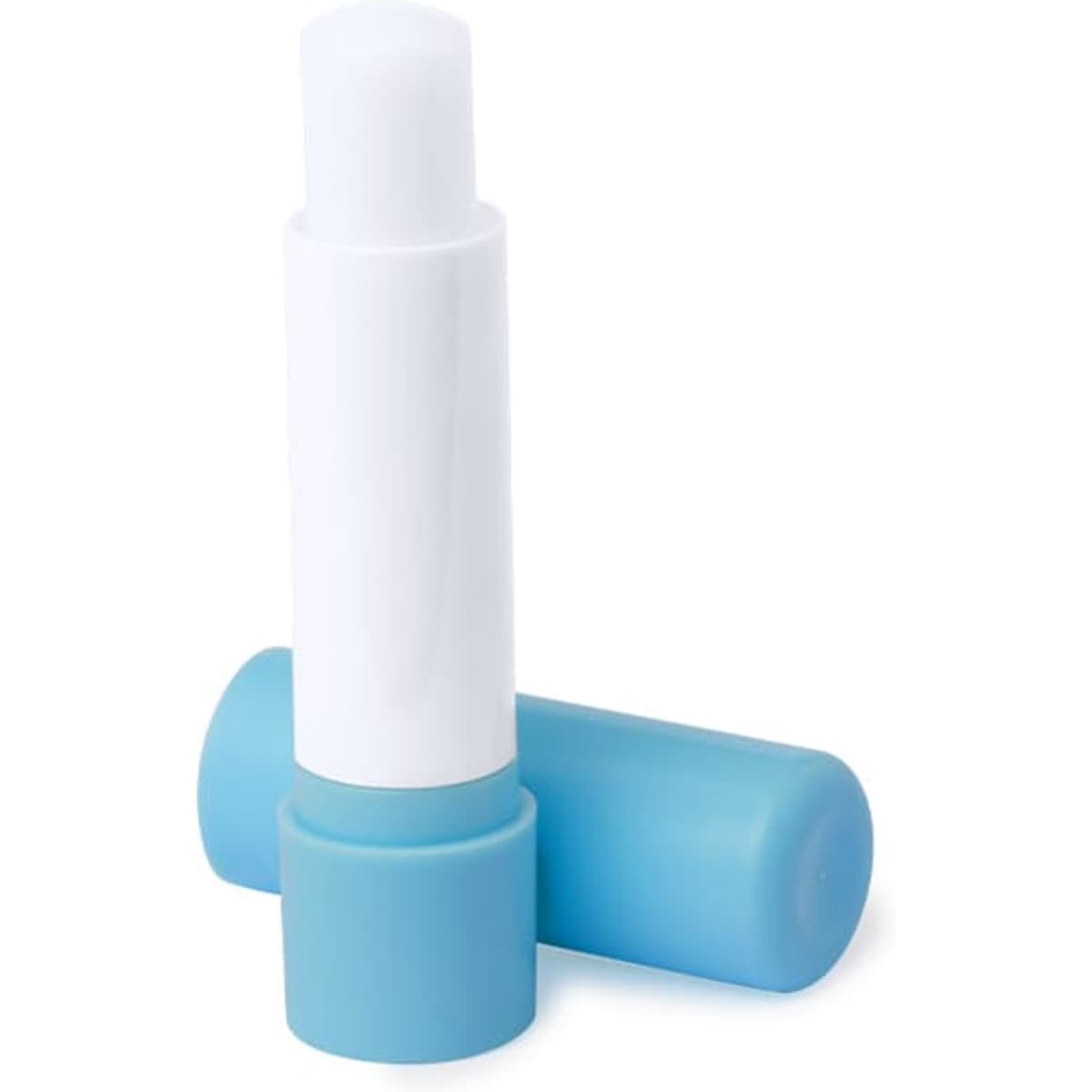 A lip balm tube with a white body and a light blue cap, featuring a logo on the packaging.
