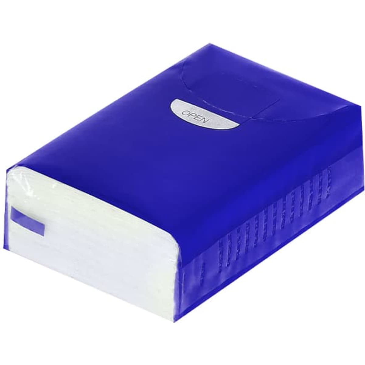 A purple tissue box containing white tissues, featuring a single opening on top and a branding logo.