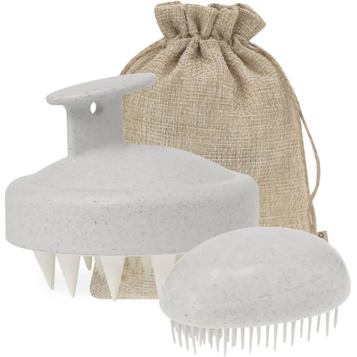 A grey hair scalp massager and brush, accompanied by a natural textured drawstring bag.