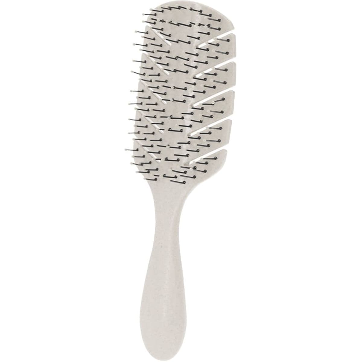 A hairbrush with a light grey handle and bristles, featuring a sleek design and a logo on the handle.