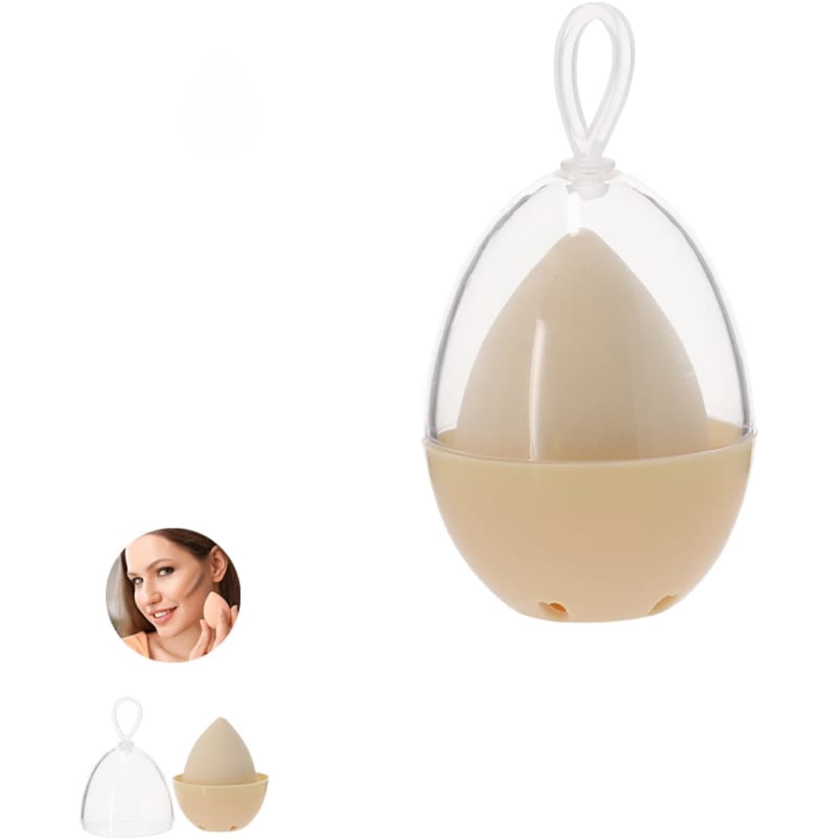A beauty sponge stored in a clear egg-shaped container, featuring a beige sponge and a white string for hanging.