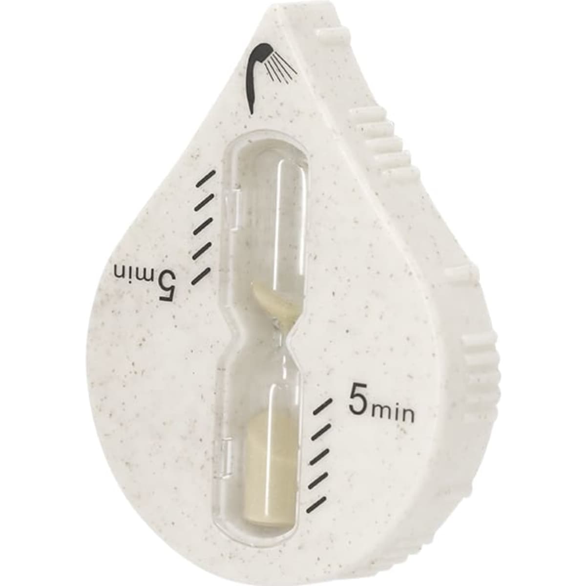 A white, tear-shaped hourglass timer with a 5-minute marker and a small sand-filled chamber inside.