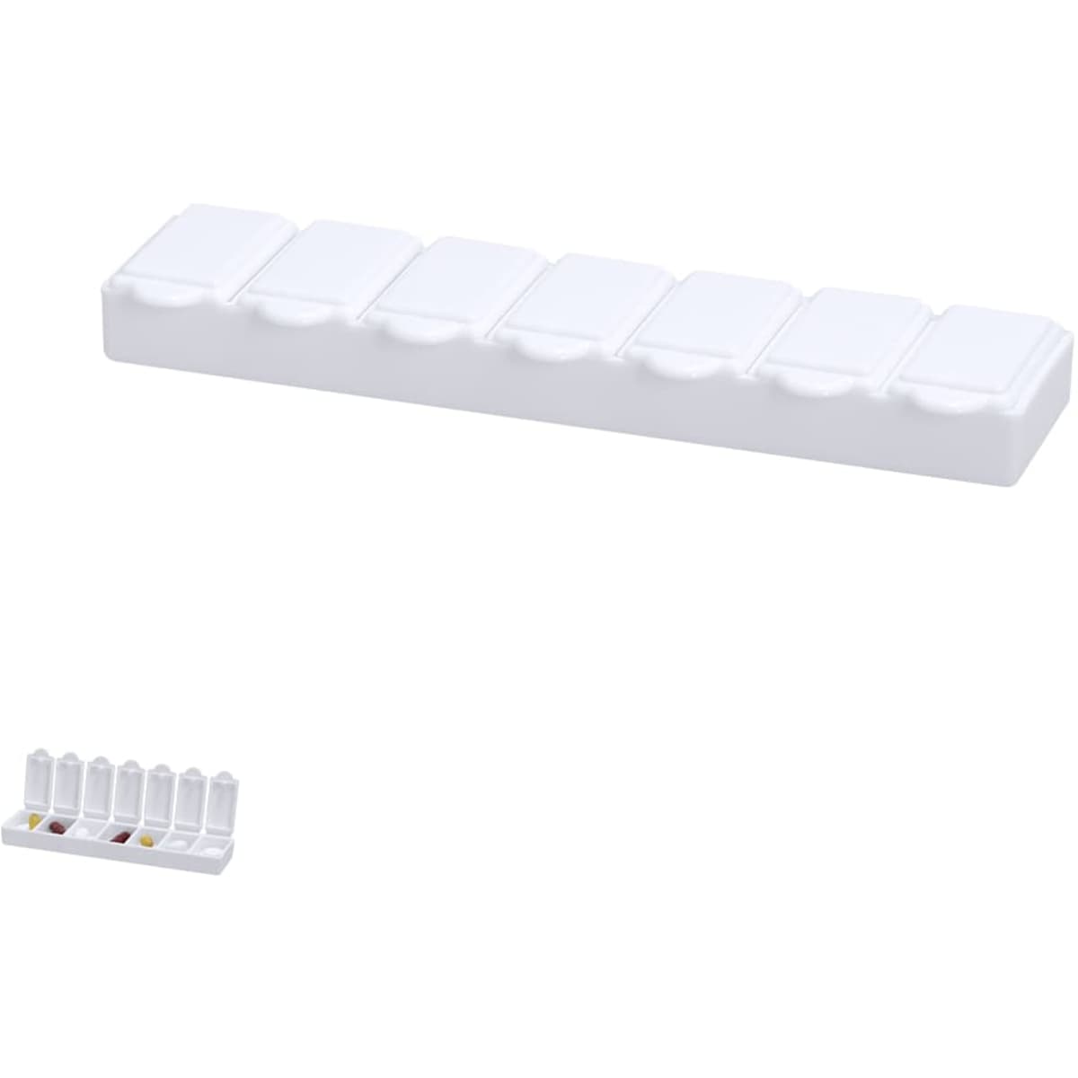 A white, segmented pill organiser featuring eight compartments for easy medication storage. Includes a small version for travel.