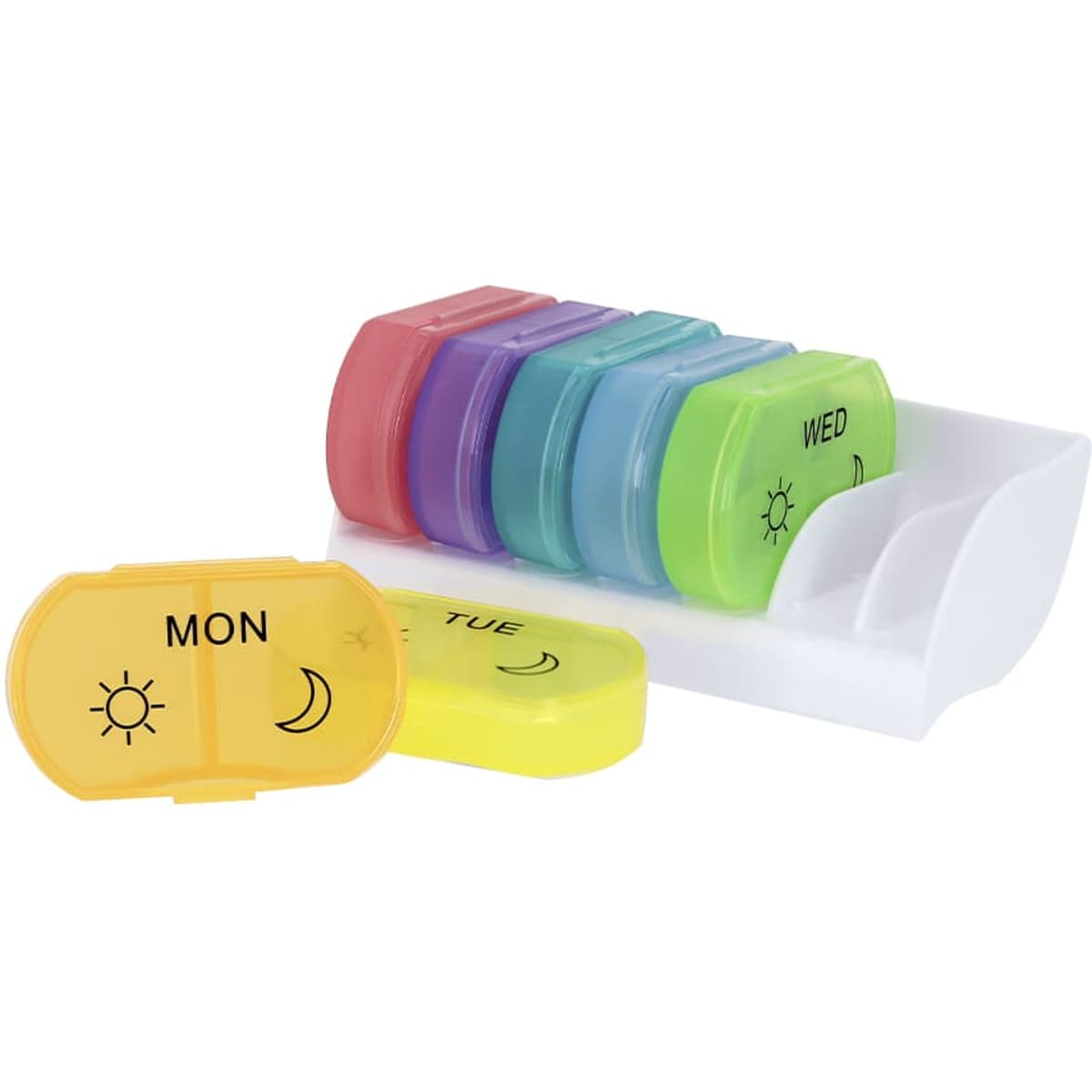 A weekly pill organiser featuring seven multicoloured compartments, each labelled for different days of the week.