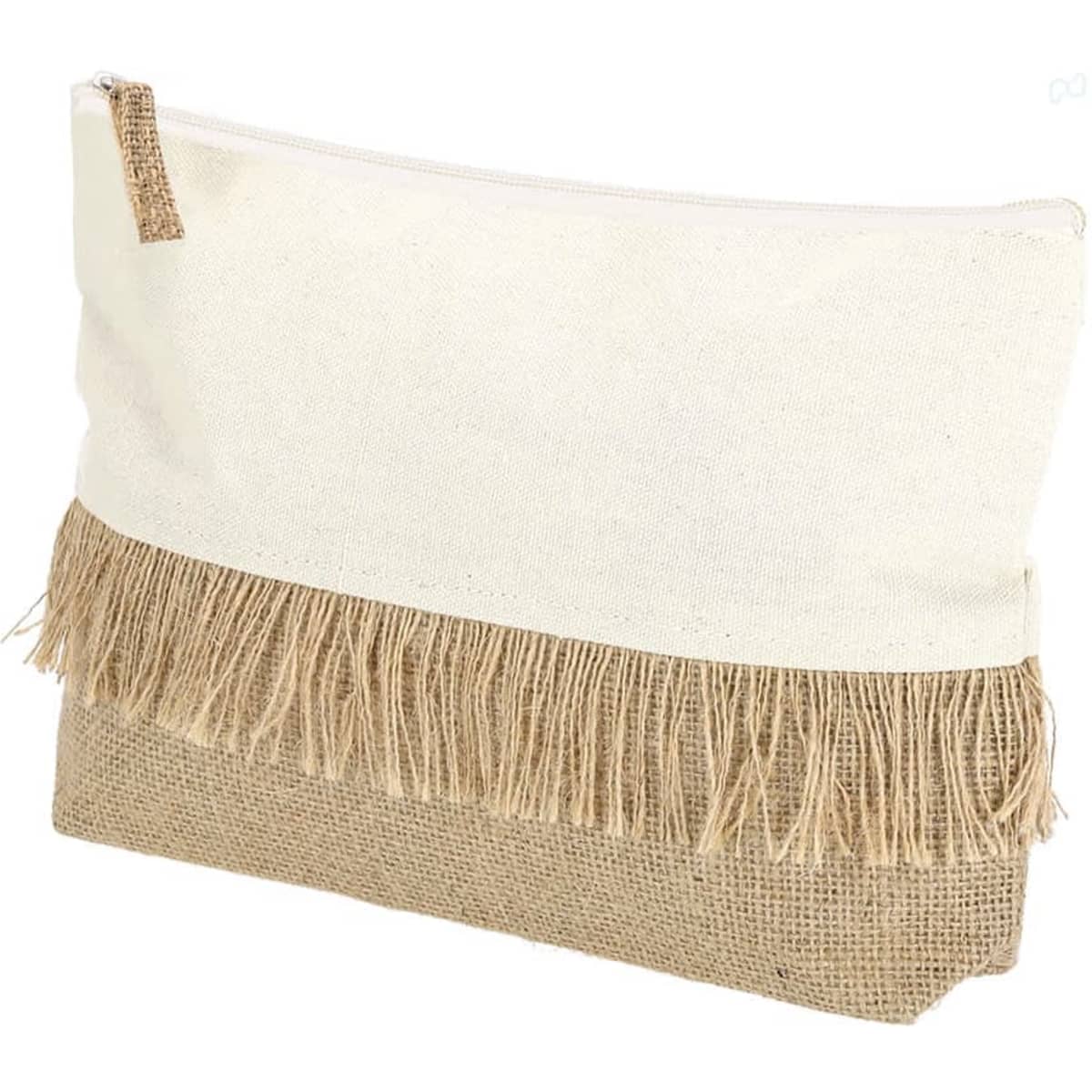 A cream and jute toiletry bag featuring a fringe detail along the bottom, with a zip closure. It has a logo.