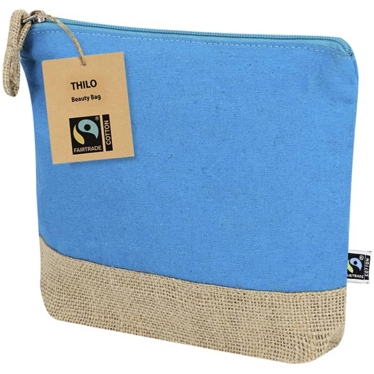 A blue toiletry bag with a jute base and a hanging zipper, featuring a logo and a tag.