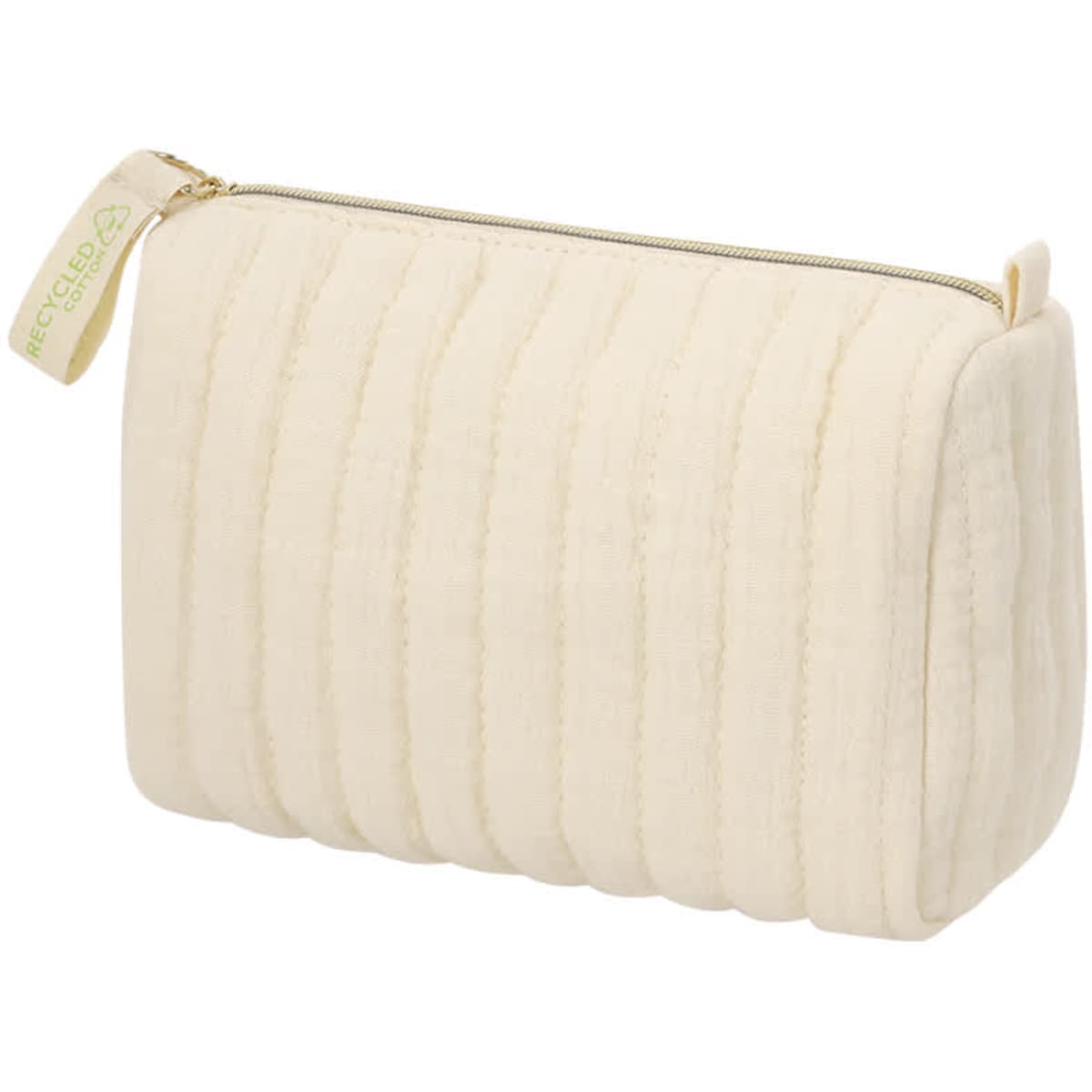 A cream-coloured toiletry bag with a textured, ribbed design and a zip closure, featuring a logo tag.